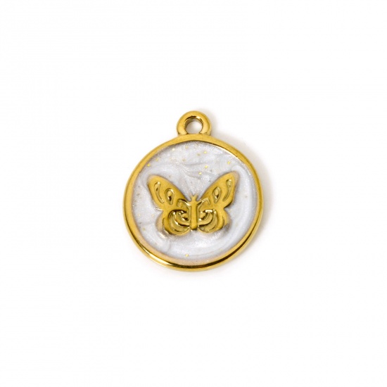 Picture of 2 PCs Eco-friendly PVD Vacuum Plating 304 Stainless Steel Insect Charms 18K Real Gold Plated White Enamel Round Butterfly 18mm x 15mm