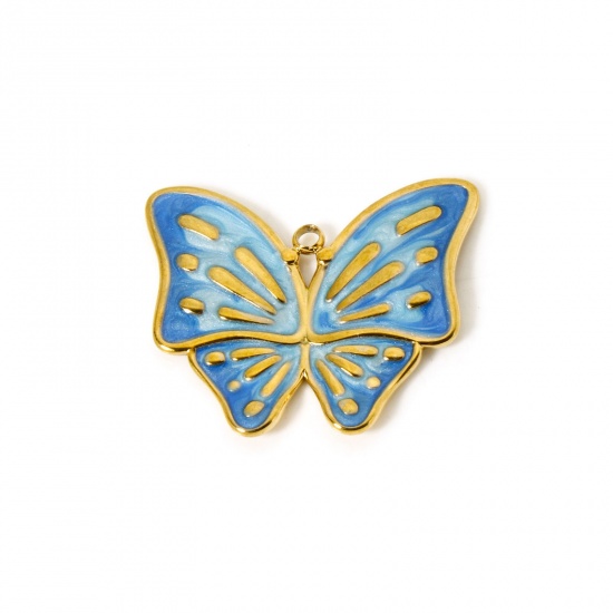 Imagen de 1 Unidad Recubrimiento al Vacío PVD Ecológico 304 Acero Inoxidable Insecto Colgantes Mariposa 18K Oro Real Chapado Azul (Apta Esmalte 3cm x 2.5cm