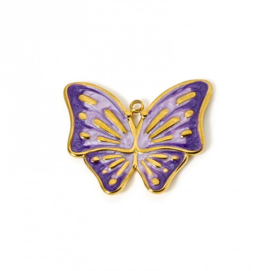 Imagen de 1 Unidad Recubrimiento al Vacío PVD Ecológico 304 Acero Inoxidable Insecto Colgantes Mariposa 18K Oro Real Chapado Púrpura (Apta Esmalte 3cm x 2.5cm