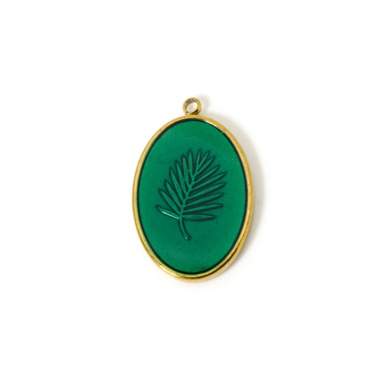Imagen de 1 Unidad Recubrimiento al Vacío PVD Ecológico 304 Acero Inoxidable Colección Flora Colgantes Óvalo 18K Oro Real Chapado Verde (Apta Esmalte Hoja 28mm x 18mm