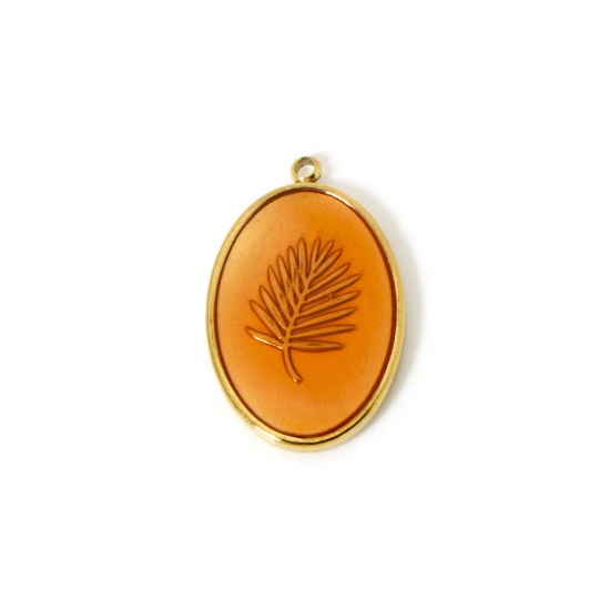 Imagen de 1 Unidad Recubrimiento al Vacío PVD Ecológico 304 Acero Inoxidable Colección Flora Colgantes Óvalo 18K Oro Real Chapado Ámbar (Apta Esmalte Hoja 28mm x 18mm
