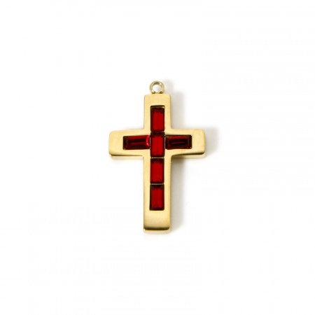 Picture of 1 Piece Eco-friendly PVD Vacuum Plating Waterproof Anti-Tarnish Hypoallergenic 304 Stainless Steel Birthstone Charms 14K Real Gold Plated Cross January Wine Red Rhinestone 25mm x 15mm
