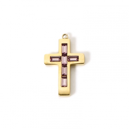 Picture of 1 Piece Eco-friendly PVD Vacuum Plating Waterproof Anti-Tarnish Hypoallergenic 304 Stainless Steel Birthstone Charms 14K Real Gold Plated Cross February Purple Rhinestone 25mm x 15mm