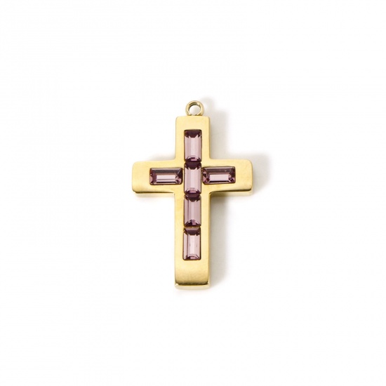Picture of 1 Piece Eco-friendly PVD Vacuum Plating 304 Stainless Steel Birthstone Charms 14K Real Gold Plated Cross February Purple Rhinestone 25mm x 15mm