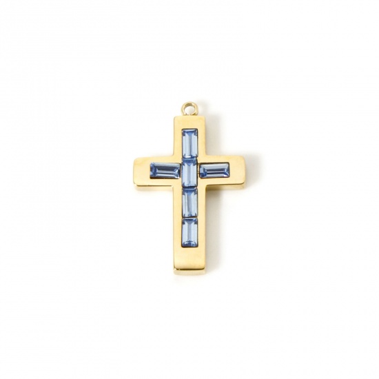 Picture of 1 Piece Eco-friendly PVD Vacuum Plating 304 Stainless Steel Birthstone Charms 14K Real Gold Plated Cross March Aqua Blue Rhinestone 25mm x 15mm