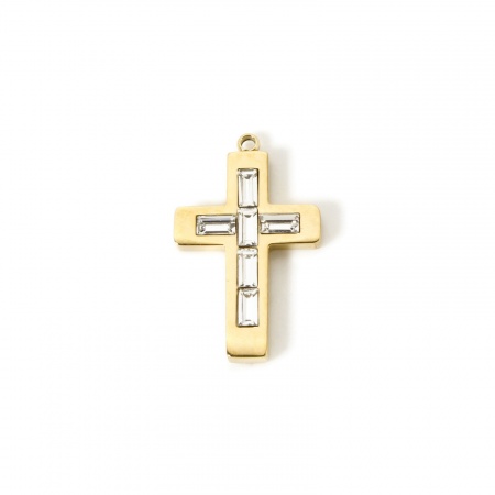 Picture of 1 Piece Eco-friendly PVD Vacuum Plating Waterproof Anti-Tarnish Hypoallergenic 304 Stainless Steel Birthstone Charms 14K Real Gold Plated Cross April Clear Rhinestone 25mm x 15mm