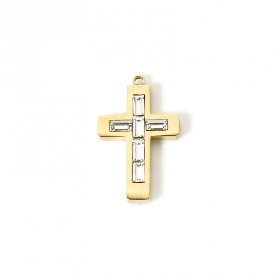 Picture of 1 Piece Eco-friendly PVD Vacuum Plating 304 Stainless Steel Birthstone Charms 14K Real Gold Plated Cross April Clear Rhinestone 25mm x 15mm