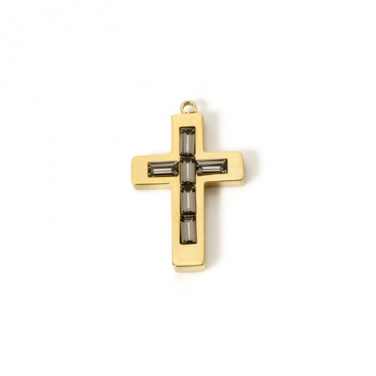 Picture of 1 Piece Eco-friendly PVD Vacuum Plating 304 Stainless Steel Birthstone Charms 14K Real Gold Plated Cross June Gray Rhinestone 25mm x 15mm