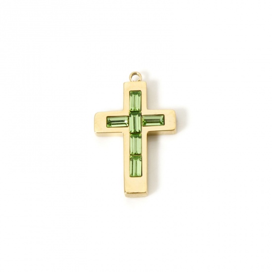 Picture of 1 Piece Eco-friendly PVD Vacuum Plating 304 Stainless Steel Birthstone Charms 14K Real Gold Plated Cross August Light Green Rhinestone 25mm x 15mm