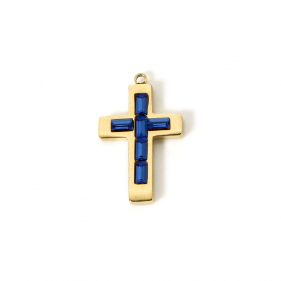 Picture of 1 Piece Eco-friendly PVD Vacuum Plating 304 Stainless Steel Birthstone Charms 14K Real Gold Plated Cross September Royal Blue Rhinestone 25mm x 15mm