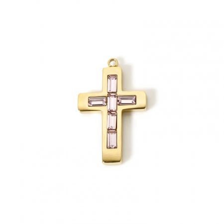 Picture of 1 Piece Eco-friendly PVD Vacuum Plating Waterproof Anti-Tarnish Hypoallergenic 304 Stainless Steel Birthstone Charms 14K Real Gold Plated Cross October Pink Rhinestone 25mm x 15mm