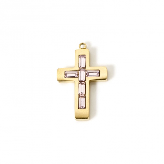 Picture of 1 Piece Eco-friendly PVD Vacuum Plating 304 Stainless Steel Birthstone Charms 14K Real Gold Plated Cross October Pink Rhinestone 25mm x 15mm