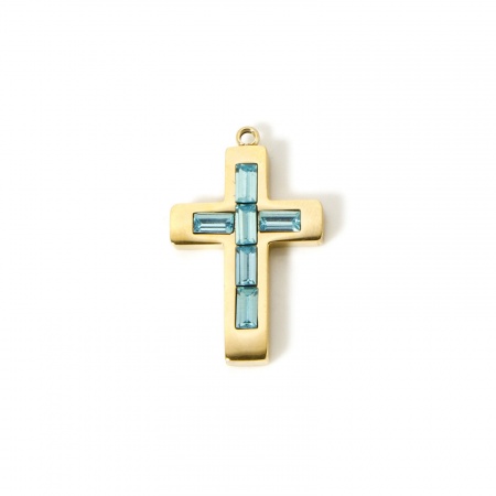 Picture of 1 Piece Eco-friendly PVD Vacuum Plating Waterproof Anti-Tarnish Hypoallergenic 304 Stainless Steel Birthstone Charms 14K Real Gold Plated Cross December Light Blue Rhinestone 25mm x 15mm