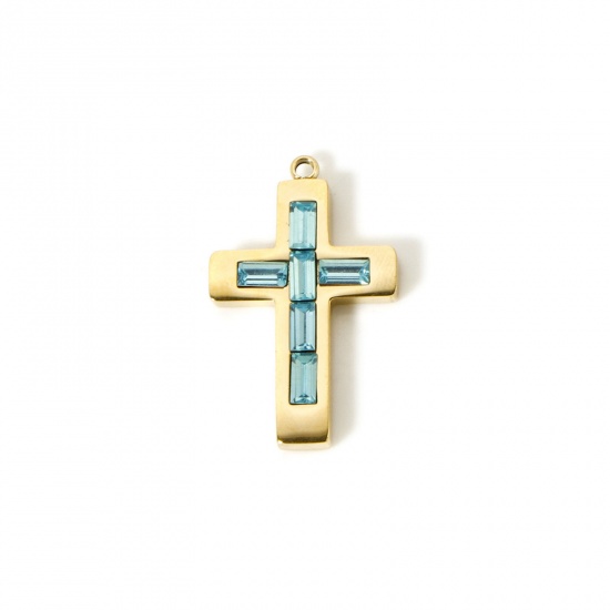 Picture of 1 Piece Eco-friendly PVD Vacuum Plating 304 Stainless Steel Birthstone Charms 14K Real Gold Plated Cross December Light Blue Rhinestone 25mm x 15mm