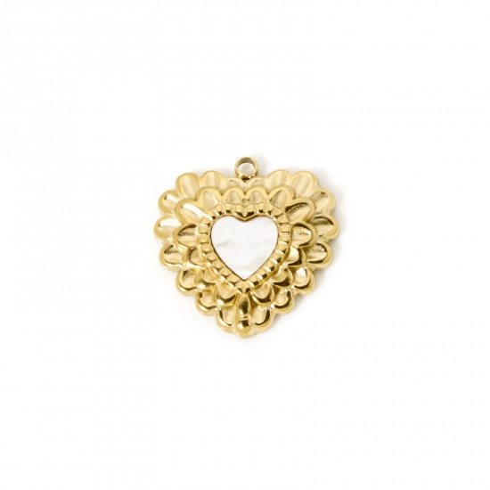 Picture of 1 Piece Eco-friendly PVD Vacuum Plating 304 Stainless Steel Valentine's Day Charms 14K Real Gold Plated White Heart Heart Imitation Shell 18.5mm x 18mm