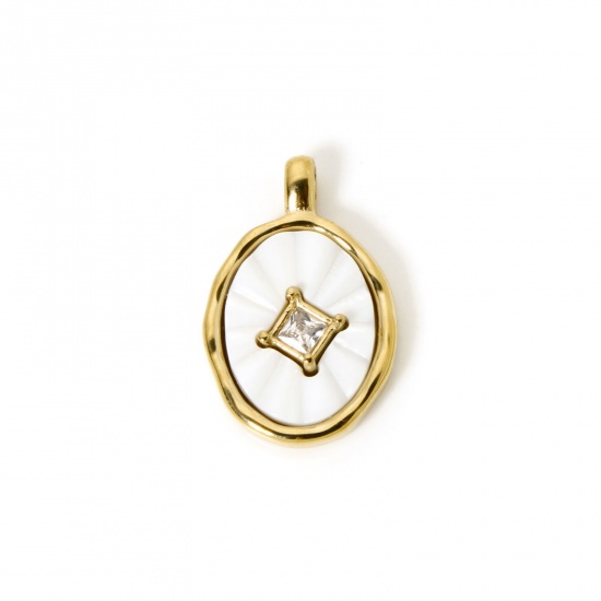 Picture of 1 Piece Eco-friendly PVD Vacuum Plating 304 Stainless Steel Charms 14K Real Gold Plated Oval Clear Cubic Zirconia 25mm x 16mm