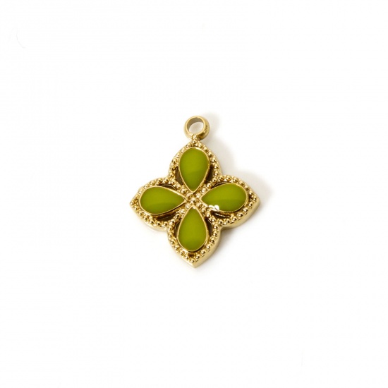 Image de 1 Pièce Breloques en 304 Acier Inoxydable Revêtement sous Vide PVD Respectueux de l'Environnement Fleur Plaqué Or Véritable 14K Olivacé Émail 14mm x 12mm