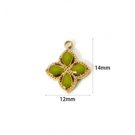 Picture of 1 Piece Eco-friendly PVD Vacuum Plating Waterproof Anti-Tarnish Hypoallergenic 304 Stainless Steel Charms 14K Real Gold Plated Olive Green Enamel Flower 14mm x 12mm