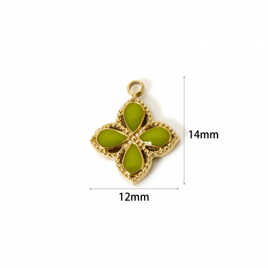 Image de 1 Pièce Breloques en 304 Acier Inoxydable Revêtement sous Vide PVD Respectueux de l'Environnement Fleur Plaqué Or Véritable 14K Olivacé Émail 14mm x 12mm
