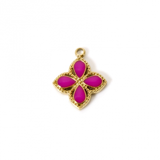 Image de 1 Pièce Breloques en 304 Acier Inoxydable Revêtement sous Vide PVD Respectueux de l'Environnement Fleur Plaqué Or Véritable 14K Violet Émail 14mm x 12mm