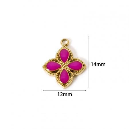 Picture of 1 Piece Eco-friendly PVD Vacuum Plating Waterproof Anti-Tarnish Hypoallergenic 304 Stainless Steel Charms 14K Real Gold Plated Violet Enamel Flower 14mm x 12mm