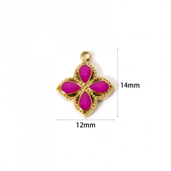 Image de 1 Pièce Breloques en 304 Acier Inoxydable Revêtement sous Vide PVD Respectueux de l'Environnement Fleur Plaqué Or Véritable 14K Violet Émail 14mm x 12mm