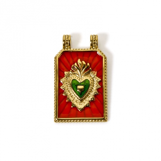 Image de 1 Pièce Pendentifs Deux Trous en 304 Acier Inoxydable Revêtement sous Vide PVD Respectueux de l'Environnement Religieux Hexagone Plaqué Or Véritable 14K Rouge Orangé Émail Coeur de Ex-Voto 3.2cm x 1.9cm