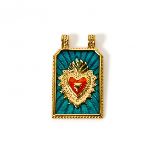 Image de 1 Pièce Pendentifs Deux Trous en 304 Acier Inoxydable Revêtement sous Vide PVD Respectueux de l'Environnement Religieux Hexagone Plaqué Or Véritable 14K Vert Émail Coeur de Ex-Voto 3.2cm x 1.9cm