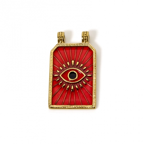 Image de 1 Pièce Pendentifs Deux Trous en 304 Acier Inoxydable Revêtement sous Vide PVD Respectueux de l'Environnement Religieux Hexagone Plaqué Or Véritable 14K Rouge Émail Oeil de la Providence/ Oeil Qui Voit Tout 3.2cm x 1.9cm