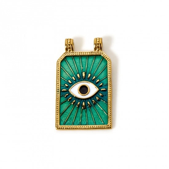 Image de 1 Pièce Pendentifs Deux Trous en 304 Acier Inoxydable Revêtement sous Vide PVD Respectueux de l'Environnement Religieux Hexagone Plaqué Or Véritable 14K Vert Émail Oeil de la Providence/ Oeil Qui Voit Tout 3.2cm x 1.9cm
