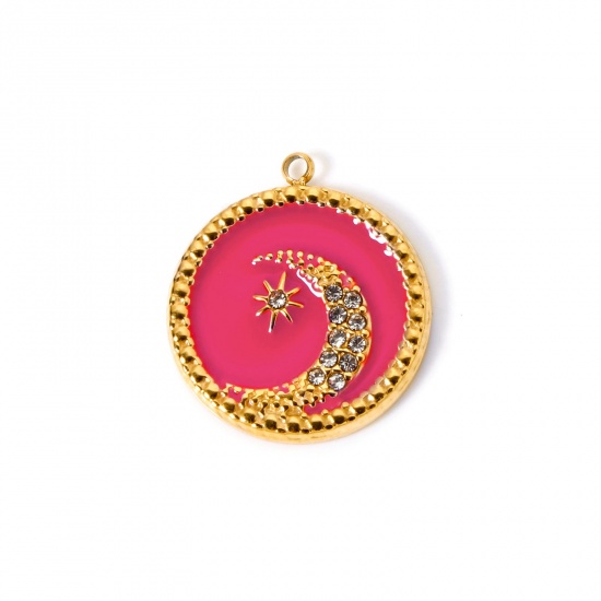 Image de 1 Pièce Breloques en 304 Acier Inoxydable Revêtement sous Vide PVD Respectueux de l'Environnement Galaxie Rond Plaqué Or Véritable 14K Fuchsia Émail Lune à Zircone Cubique Clair 21mm x 18.5mm