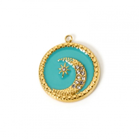 Picture of 1 Piece Eco-friendly PVD Vacuum Plating Waterproof Anti-Tarnish Hypoallergenic 304 Stainless Steel Galaxy Charms 14K Real Gold Plated Green Blue Enamel Round Moon Clear Cubic Zirconia 21mm x 18.5mm