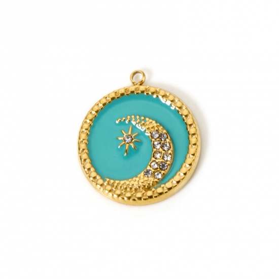 Image de 1 Pièce Breloques en 304 Acier Inoxydable Revêtement sous Vide PVD Respectueux de l'Environnement Galaxie Rond Plaqué Or Véritable 14K Bleu-Vert Émail Lune à Zircone Cubique Clair 21mm x 18.5mm