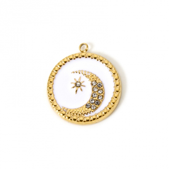 Image de 1 Pièce Breloques en 304 Acier Inoxydable Revêtement sous Vide PVD Respectueux de l'Environnement Galaxie Rond Plaqué Or Véritable 14K Blanc Émail Lune à Zircone Cubique Clair 21mm x 18.5mm