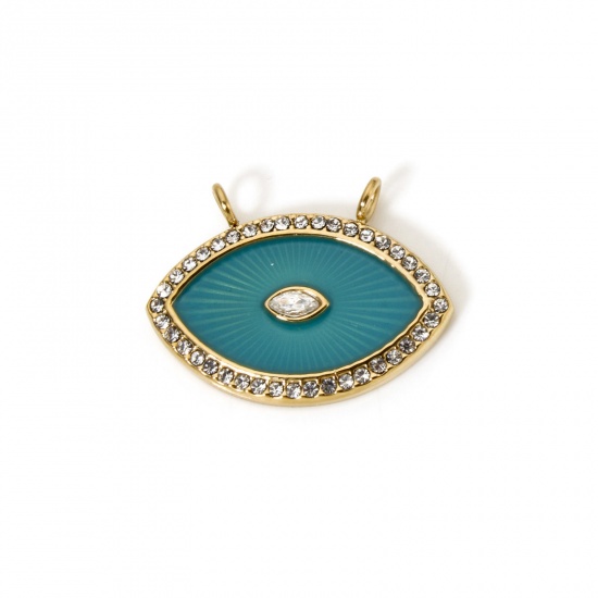 Image de 1 Pièce Breloques Deux Trous en 304 Acier Inoxydable Revêtement sous Vide PVD Respectueux de l'Environnement œil Plaqué Or Véritable 14K Vert Paon Émail Micro Pave à Zircone Cubique Clair 25mm x 18mm