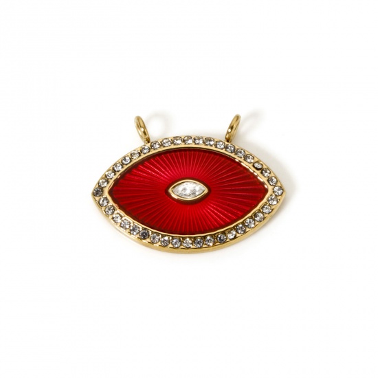 Image de 1 Pièce Breloques Deux Trous en 304 Acier Inoxydable Revêtement sous Vide PVD Respectueux de l'Environnement œil Plaqué Or Véritable 14K Rouge Émail Micro Pave à Zircone Cubique Clair 25mm x 18mm