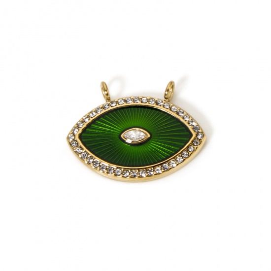 Image de 1 Pièce Breloques Deux Trous en 304 Acier Inoxydable Revêtement sous Vide PVD Respectueux de l'Environnement œil Plaqué Or Véritable 14K Vert Émail Micro Pave à Zircone Cubique Clair 25mm x 18mm