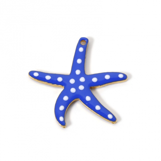 Picture of 5 PCs Zinc Based Alloy Ocean Jewelry Pendants Gold Plated Blue Star Fish Dot Double-sided Enamelled Sequins 3.7cm x 3.5cm