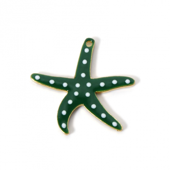 Picture of 5 PCs Zinc Based Alloy Ocean Jewelry Pendants Gold Plated Green Star Fish Dot Double-sided Enamelled Sequins 3.7cm x 3.5cm
