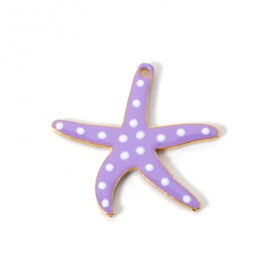 Picture of 5 PCs Zinc Based Alloy Ocean Jewelry Pendants Gold Plated Purple Star Fish Dot Double-sided Enamelled Sequins 3.7cm x 3.5cm