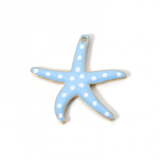 Picture of 5 PCs Zinc Based Alloy Ocean Jewelry Pendants Gold Plated Light Blue Star Fish Dot Double-sided Enamelled Sequins 3.7cm x 3.5cm