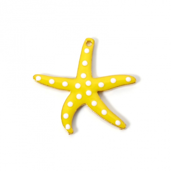 Picture of 5 PCs Zinc Based Alloy Ocean Jewelry Pendants Gold Plated Yellow Star Fish Dot Double-sided Enamelled Sequins 3.7cm x 3.5cm