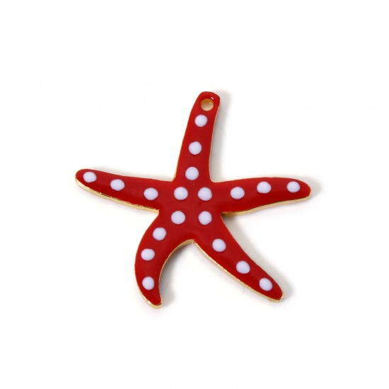 Picture of 5 PCs Zinc Based Alloy Ocean Jewelry Pendants Gold Plated Red Star Fish Dot Double-sided Enamelled Sequins 3.7cm x 3.5cm
