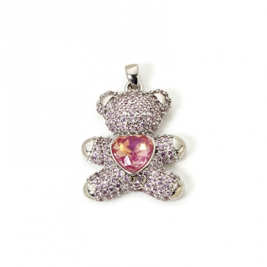 Imagen de 1 Unidad Respetuoso del Medio Ambiente Latón Colgantes Platino Real Chapado Oso Micro Pave Rosa Claro Circón Artificial 3.1cm x 2.1cm