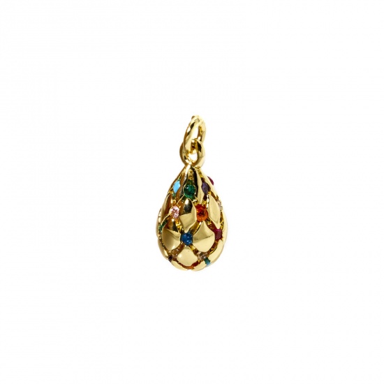 Image de 1 Pièce Breloques Respectueux de la Nature en Laiton Plaqué Or Véritable 18K Goutte d'Eau Micro Pave à Zircone Cubique Multicolore 16mm x 7mm