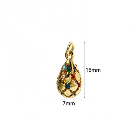 Image de 1 Pièce Breloques Respectueux de la Nature en Laiton Plaqué Or Véritable 18K Goutte d'Eau Micro Pave à Zircone Cubique Multicolore 16mm x 7mm