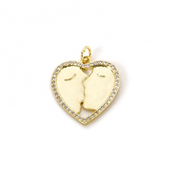 Image de 1 Pièce Breloques La Saint Valentin Respectueux de la Nature en Laiton Plaqué Or Véritable 18K Cœur Micro Pave à Zircone Cubique Clair 24mm x 19mm