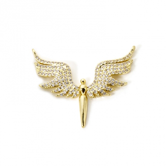Picture of 1 Piece Eco-friendly Brass Connectors Charms Pendants 18K Real Gold Plated Wing Micro Pave Clear Cubic Zirconia 3.7cm x 3cm