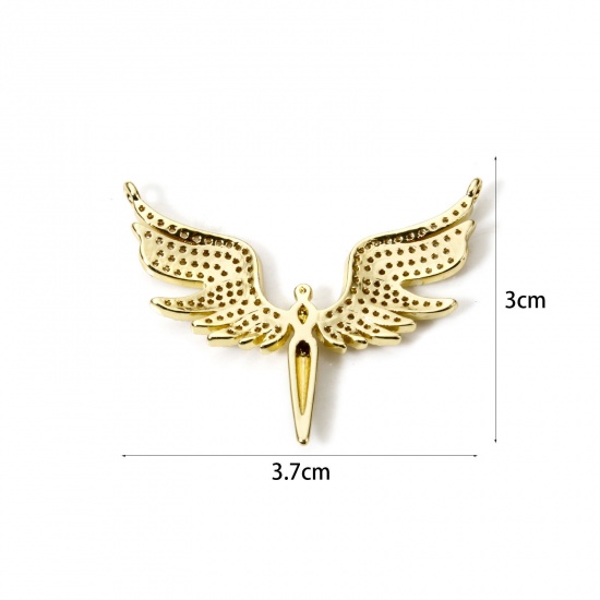 Picture of 1 Piece Eco-friendly Brass Connectors Charms Pendants 18K Real Gold Plated Wing Micro Pave Clear Cubic Zirconia 3.7cm x 3cm