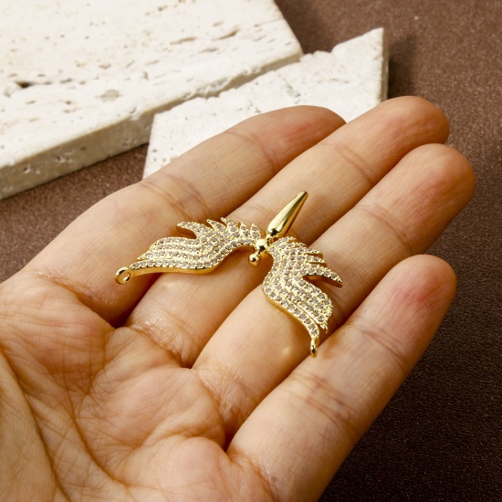 Picture of 1 Piece Eco-friendly Brass Connectors Charms Pendants 18K Real Gold Plated Wing Micro Pave Clear Cubic Zirconia 3.7cm x 3cm